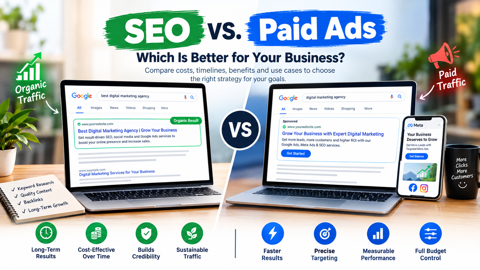 SEO vs paid ads comparison showing organic traffic and Google Ads strategies