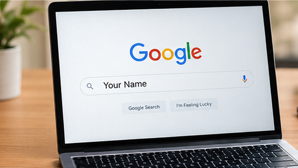 Person searching their name on Google using a laptop.