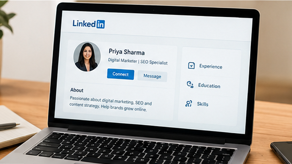 Professional LinkedIn profile displayed on a laptop screen.