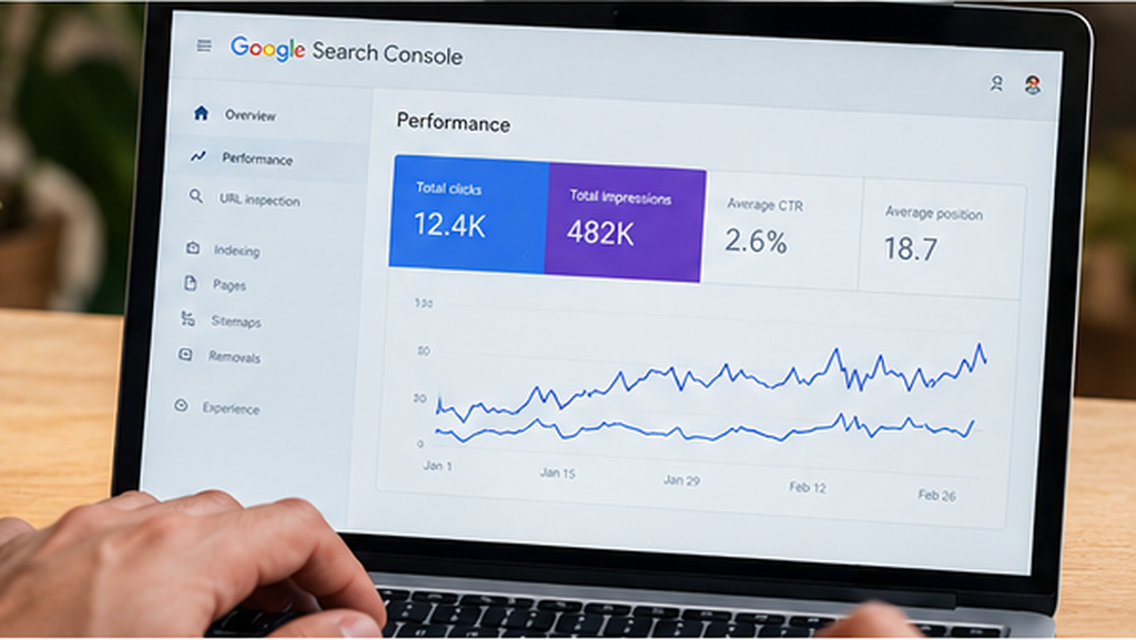 Google Search Console dashboard showing website search performance data.