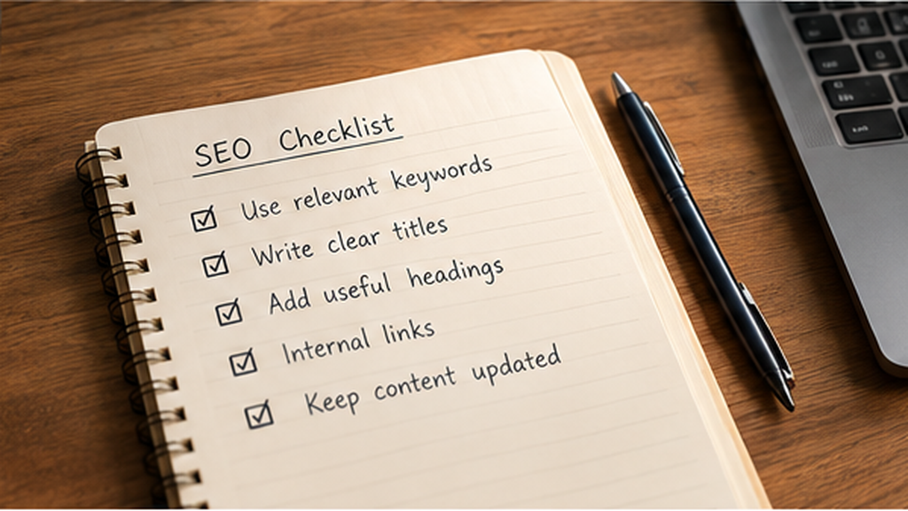 Notebook showing an SEO checklist with keywords, headings, and internal links.