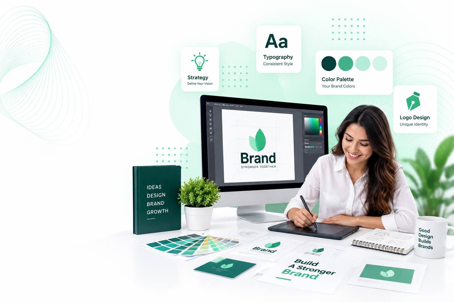 Brand identity design showing logo, typography, color palette and visual branding